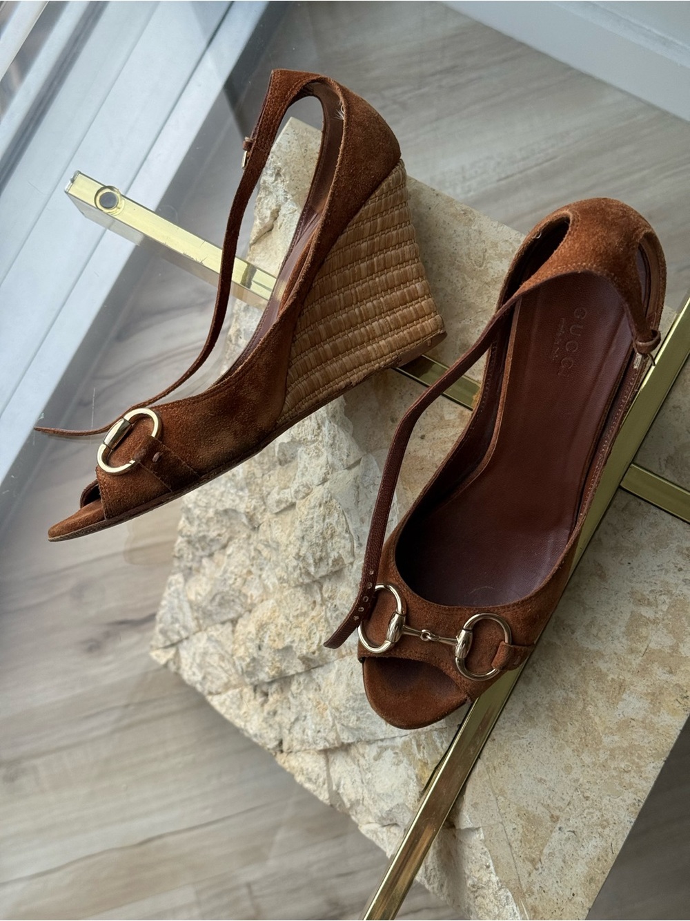 Gucci Brown Suede Peep-Toe Wedge Sandals with Gold US 7.5